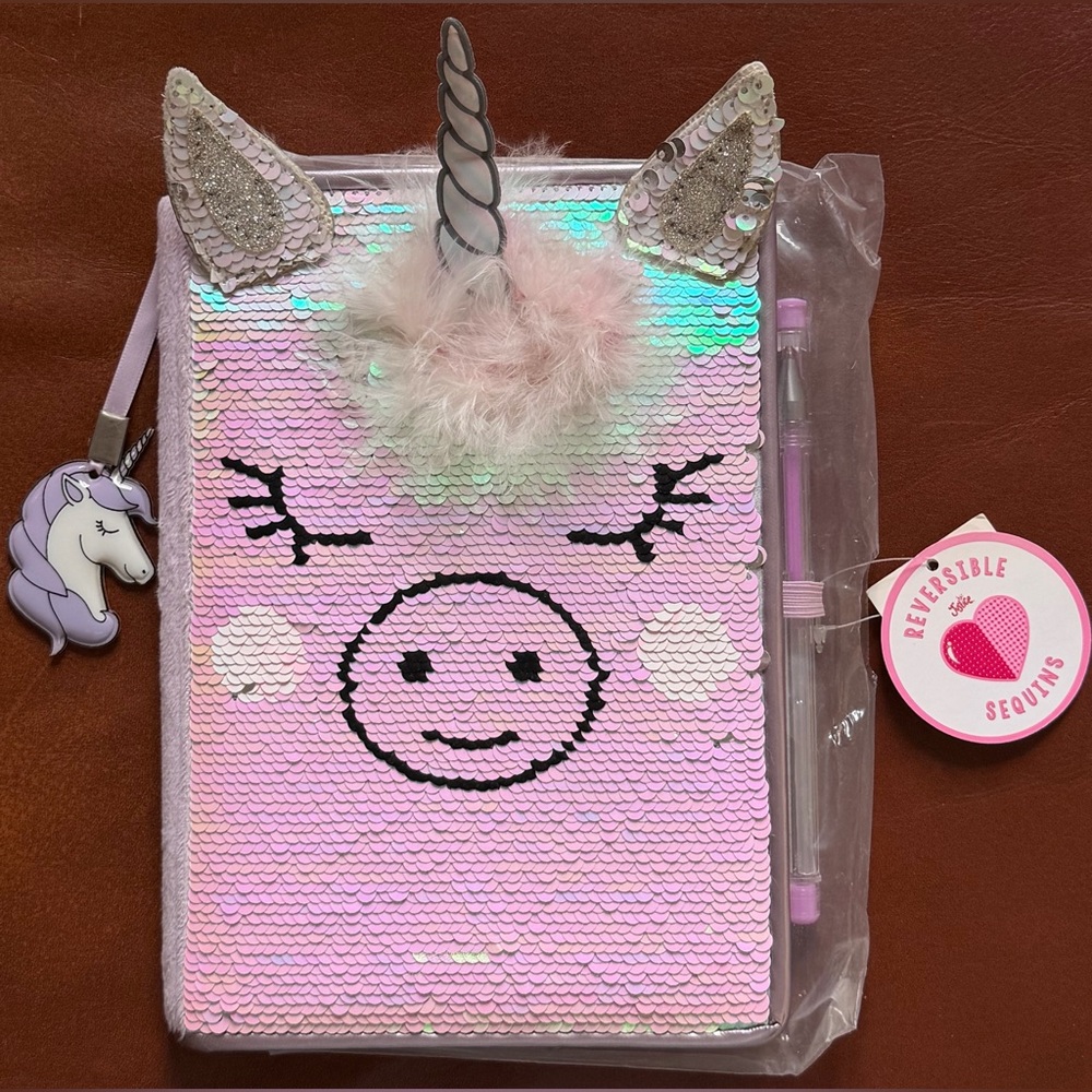Justice, Unicorn🦄💜✨Notebook📒 & Pen🖊️Set, Reversible, Sequins, & Faux Fur, NODS!